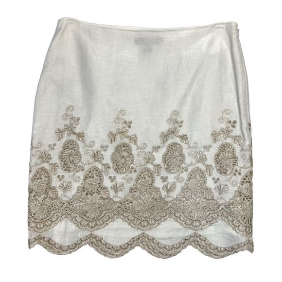 Ann Taylor Metallic Floral Embroidered Eyelet Linen Mini Skirt Sz 4 Summer Beach - Picture 1 of 9